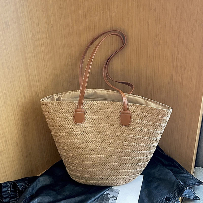 Women Braided Basket Clutches Top-handle Bag Large Straw Portable