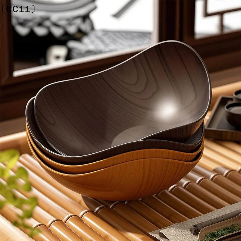 4 Wood Grain Plastic Bowl Multifunctional Salad Fruit Candy Container
