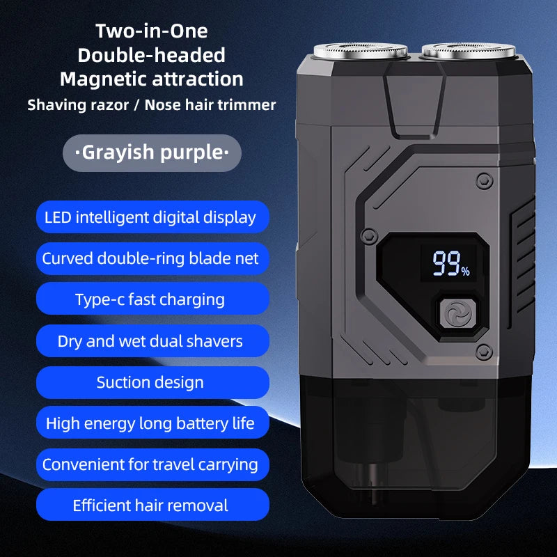 Magnetic Double Blade Electric Shaver for Men Mecha Punk Style Rechargeable LCD Vue Gray