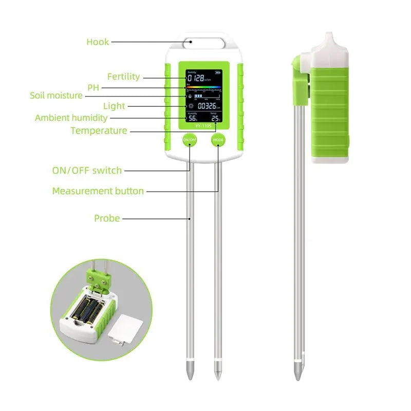 ABKW-6-In-1 Soil Tester Fertility Temperature Humidity Light PH Meter 90° Rotatable LCD Backlight Soil Hygrometer Vue