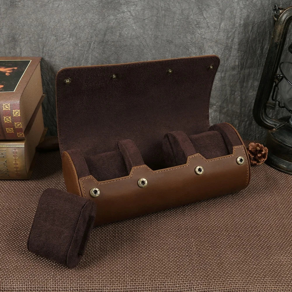 Retro Crazy Horse Cowhide Brigade Portable Anti-drop Watch Box Three-pack High-end Mechanical Watch Storage Box Vue