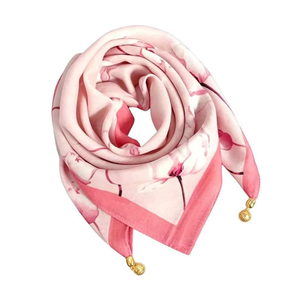 Fashion Magnetic Buckle Silk Scarf Floral Print Lightweight Neck Vue Pink Tulips