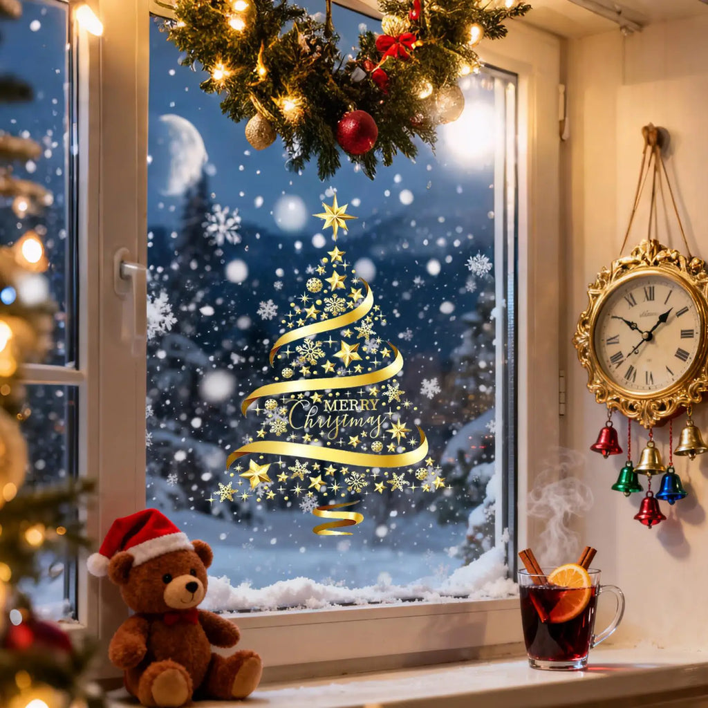 Christmas Window Clings Decor Golden Tree Static Stickers for Doors & Windows Apply & Remove, for Fun Holiday Decor for Home Vue