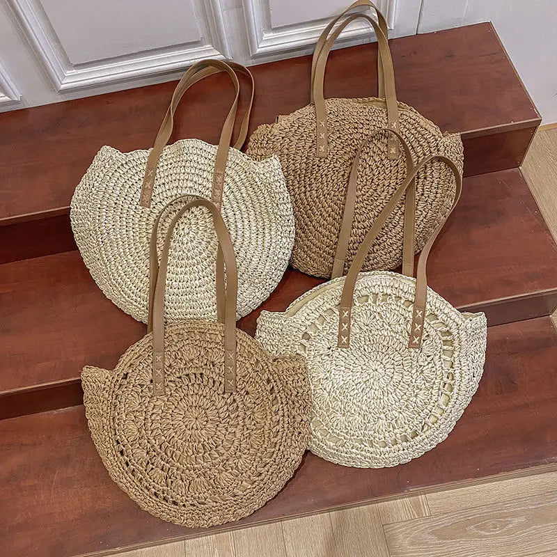 Summer Round Straw Bags for Women Rattan Shoulder Bag Travel Handmade Woven Beach Handbags Female Large Capacity Totes Bag Vue