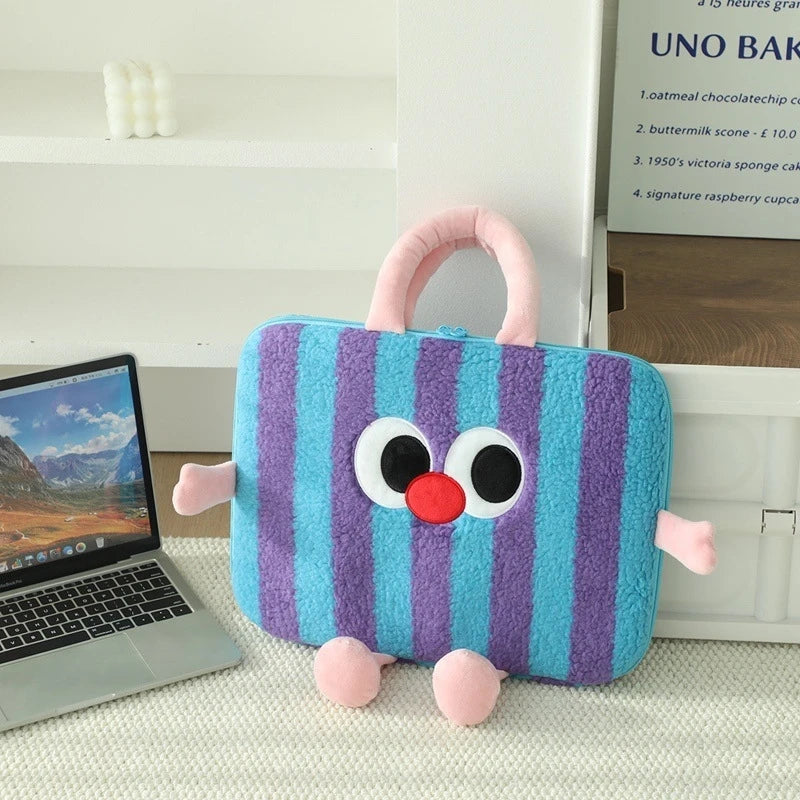 Striped Laptop Sleeve With Cartoon Big Eye Plush Doll Soft Case For Teens Women Office Travel Cute Birthday Christmas Gift Vue