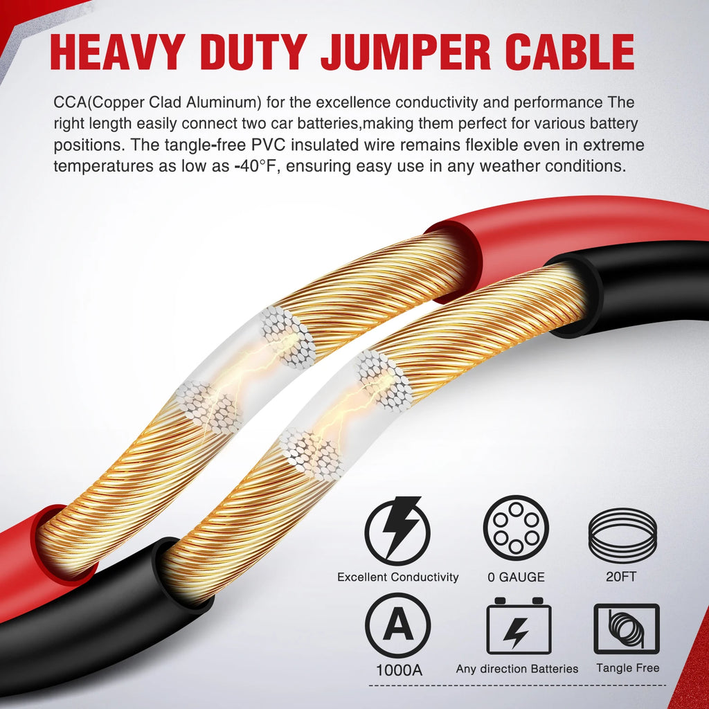 Nilight Jumper Cables for Car Battery 0 Gauge 20 FT Booster Cable Heavy Duty 1000 A CCA with Carrying Bag Jump Start Emergency Kit Pickup Truck RV Vans SUV Vue