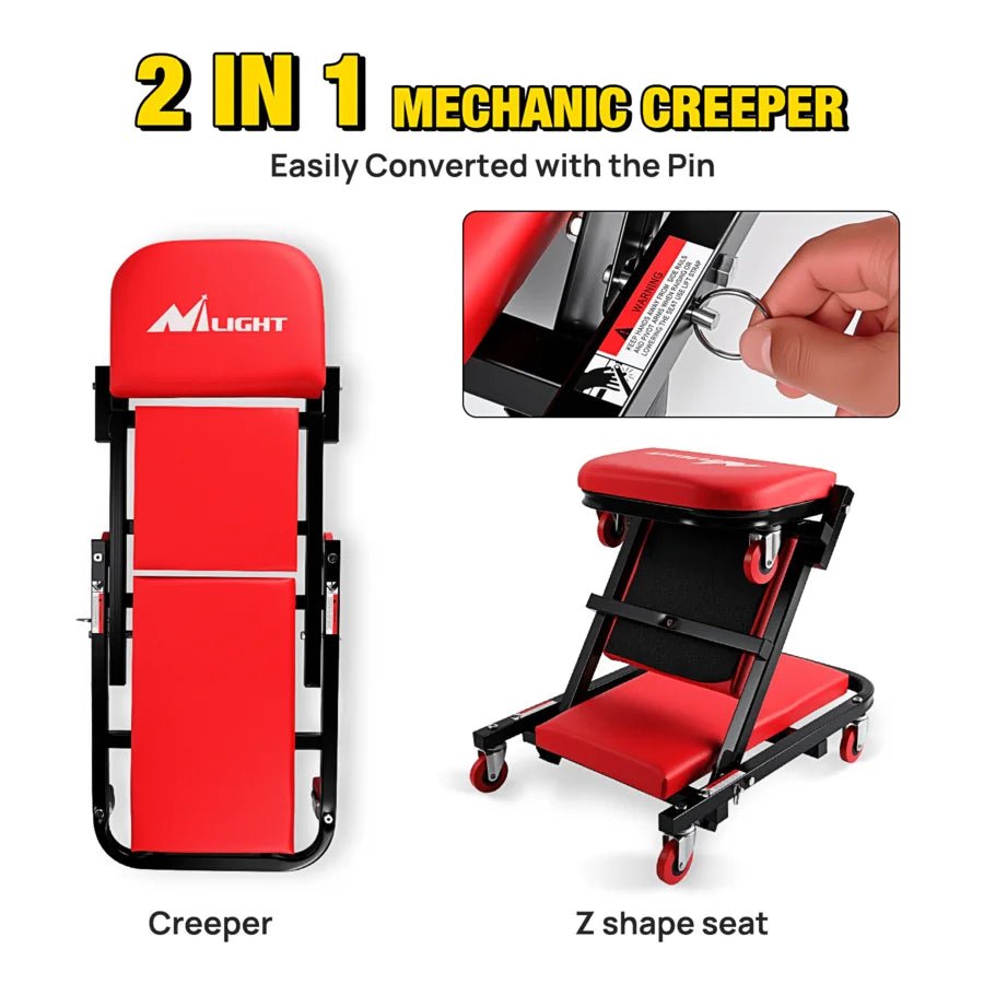 Nilight 40" Z Creeper - 2-In-1 Folding Rolling Mechanic Seat, 40 Inches Adjustable Lay-Down Or Sit Garage Chair, 330Lbs Capacity Vue