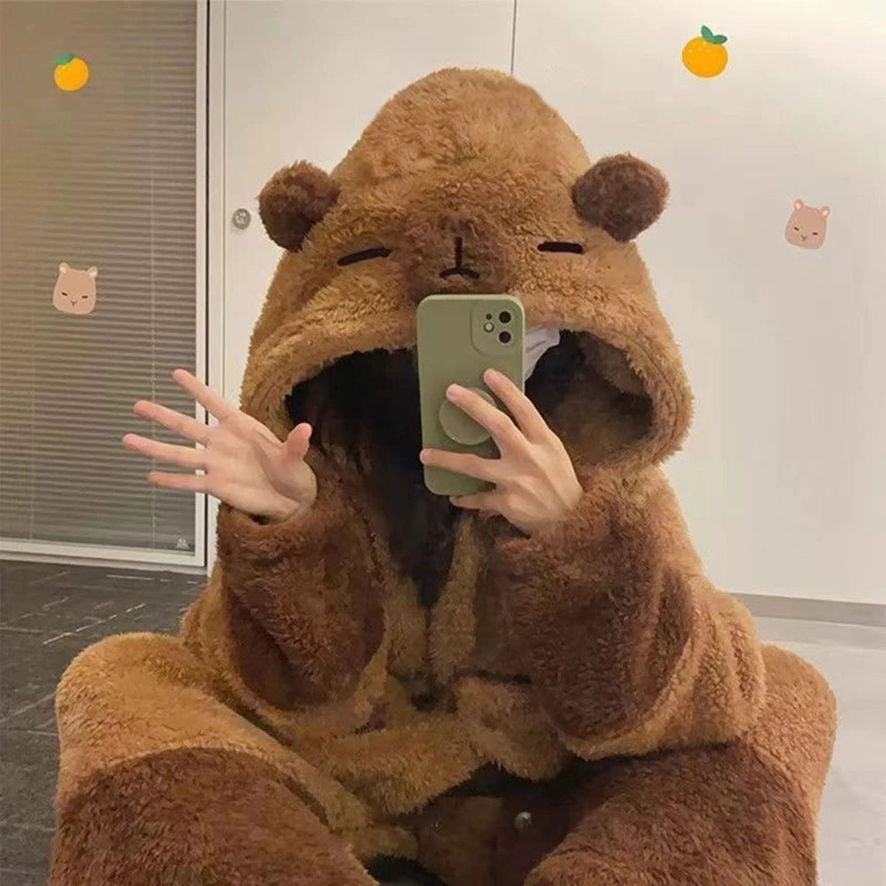 Winter Warm Flannel Nightgown Cute Long Sleeve Fleece Sleeping Dress Coffee Capybara Cosplay Hooded Sleepwear Bathrobe For Women Vue