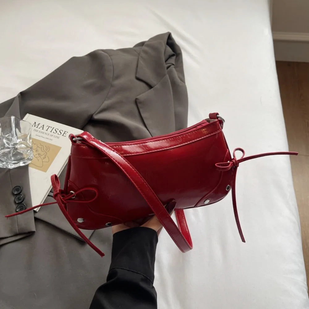 PU Leather Shoulder Bag Solid Bow Tie Decor Armpit Y2K Handbag Women