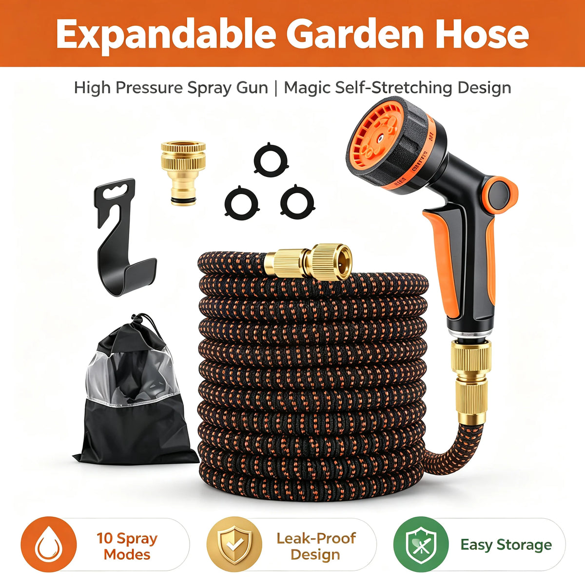 Expandable Garden Hose 50FT with 10 Spray Patterns Retractable Magic Water Hose Kit High Pressure for Car Wash Garden Watering Vue