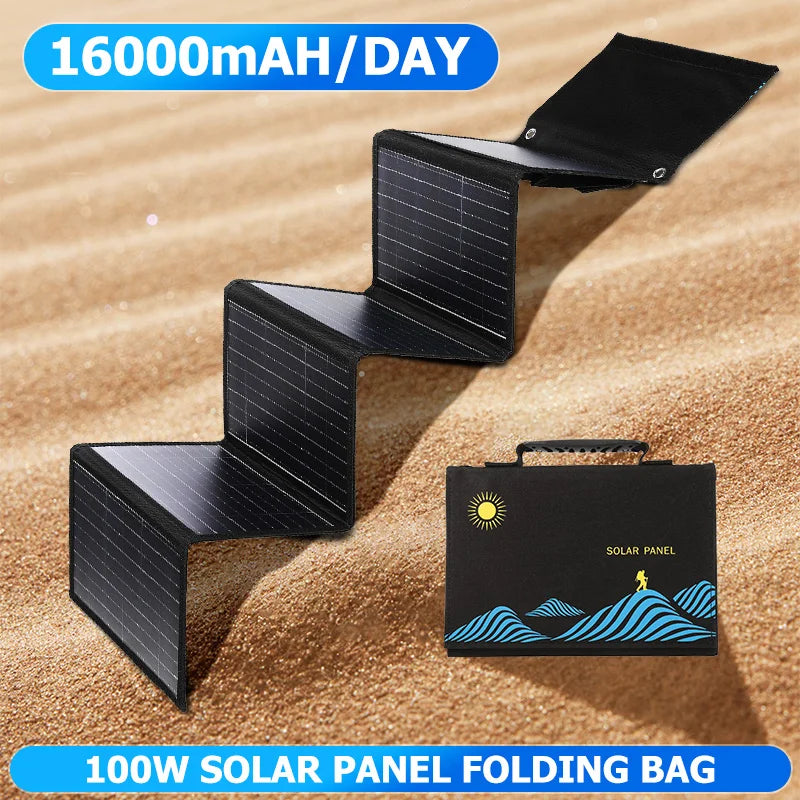 Folding Solar Panel Bag 60W 80W 100W Solar Power Bank with Fast Charge Via Dual USB+DC Output Waterproof for Outdoor Adventures Vue