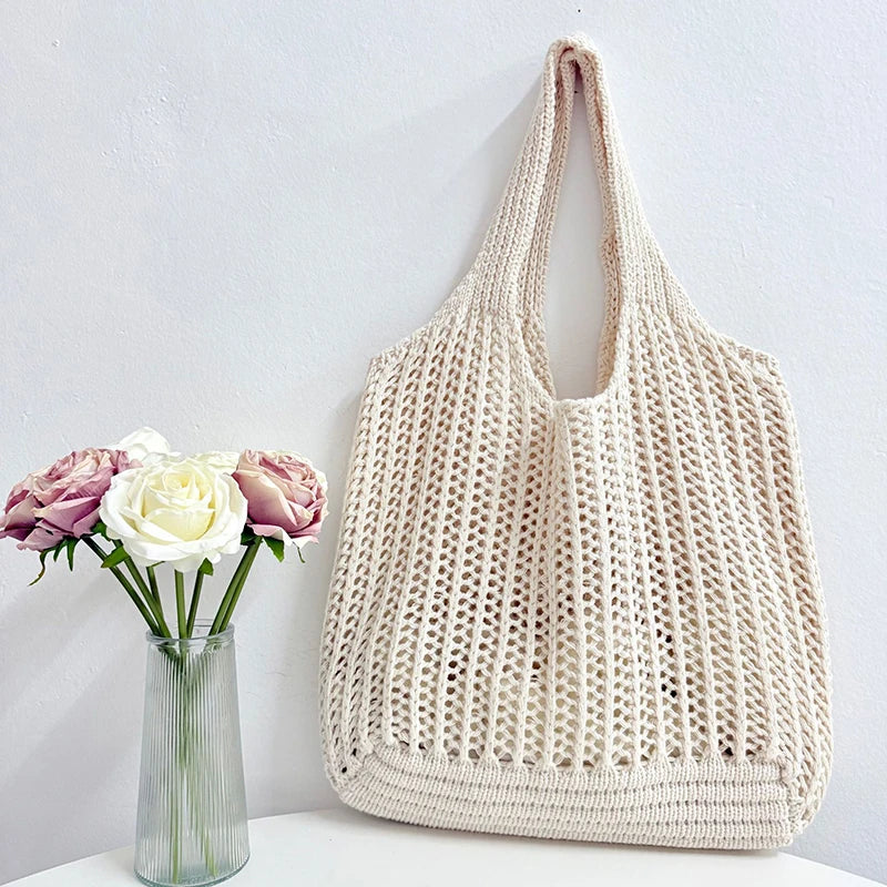 Summer Weaving Light Hollow Large Capacity Tote Bag Casual Beach Vue beige