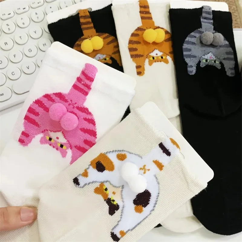1-10Pairs Women 3D Cat Pattern Mid Calf Socks with Tail Soft Breathable Fashionable Casual Party Daily Birthday Gift Vue