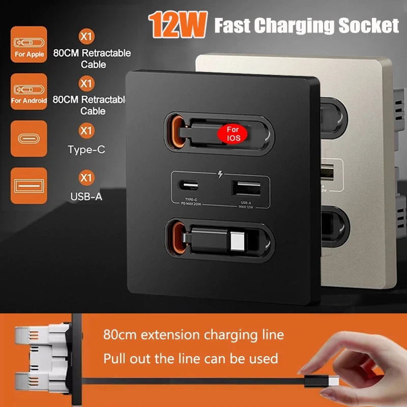 Universal Smart Socket With Charging Line 12W Fast Charge USB C Port PC Power Wall Panel, Mobile phone Charging Type C Outlet Vue