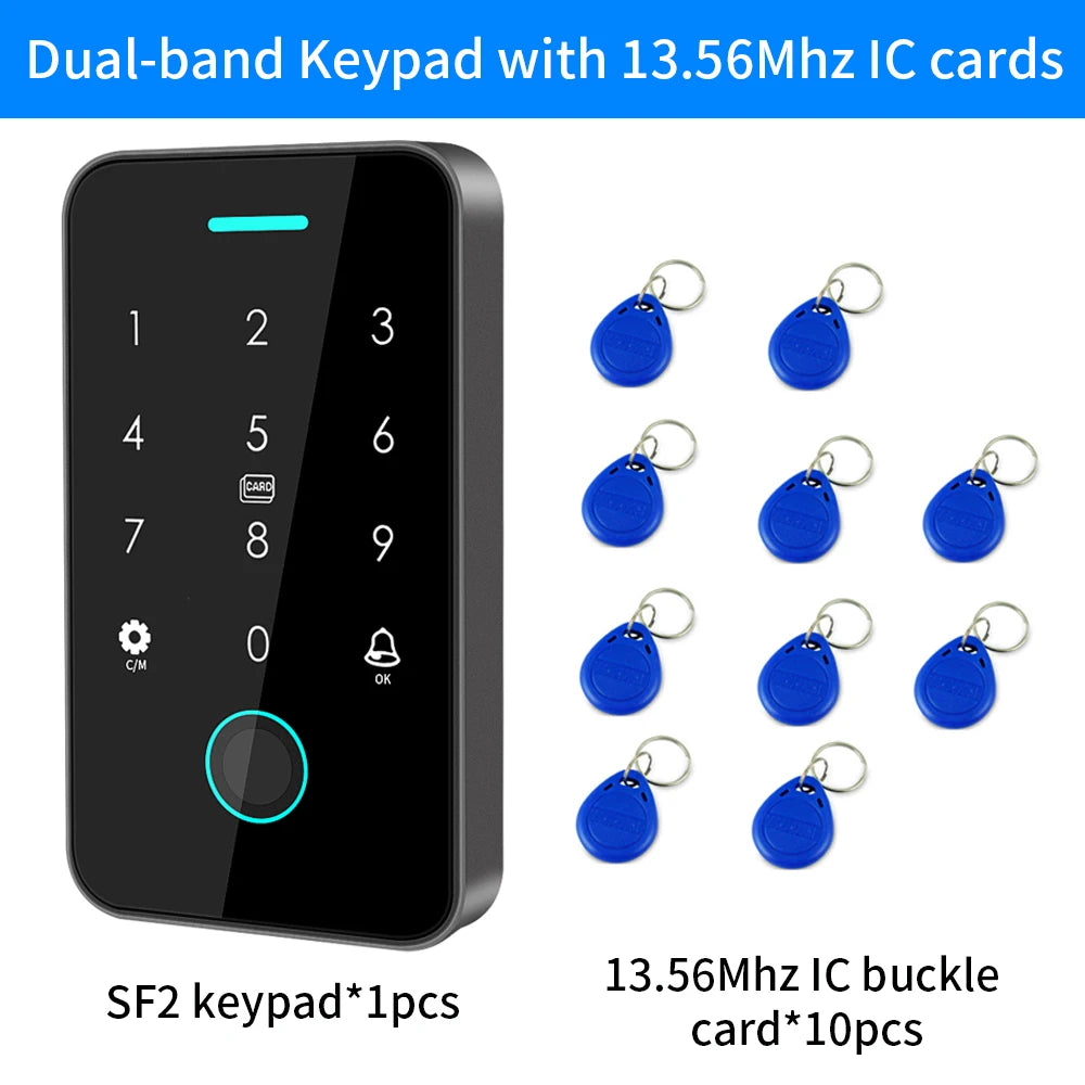 NFC Bluetooth Tuya APP Backlight Touch 13.56Mhz RFID Card Access Control Keypad Door Lock Opener WG Output IP66 Watreproof Vue SF2 and 10 Key