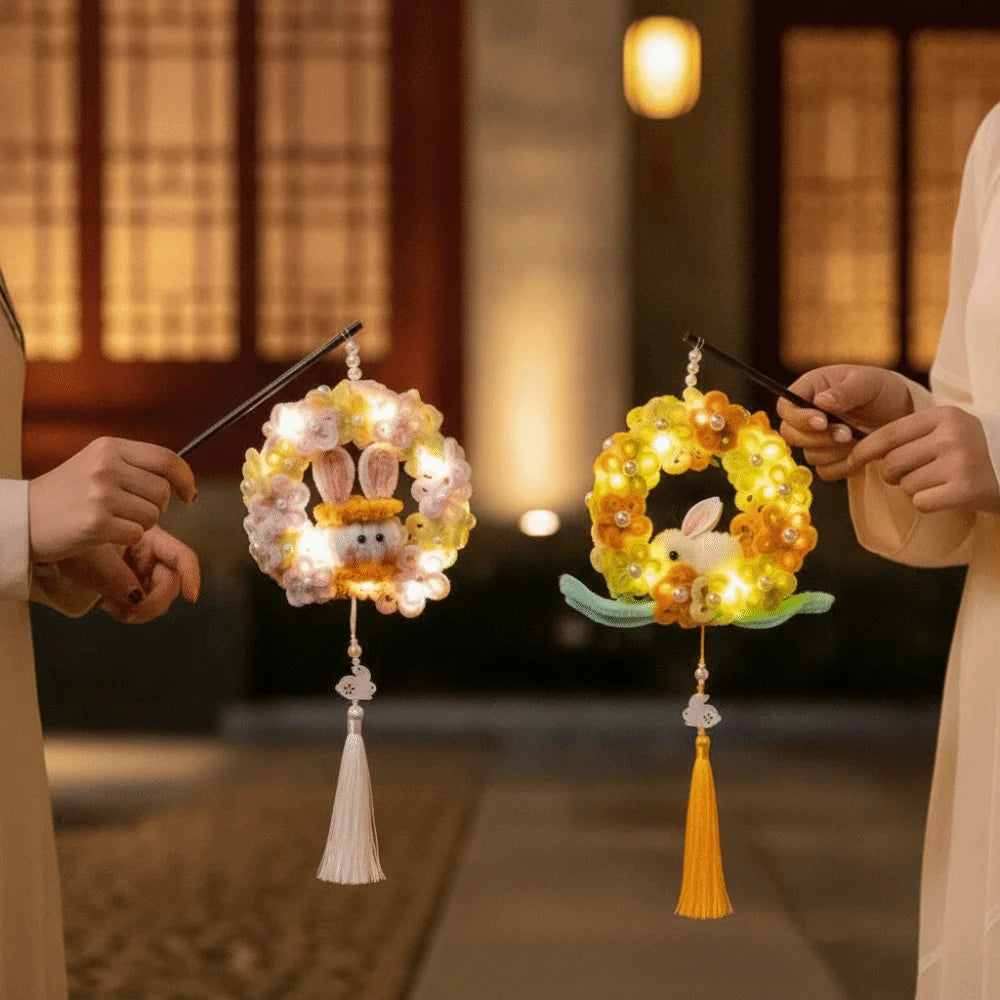Handmade Bunny Wreath Lantern Glowing Twisted Stick Rabbit Hoop Lamp Easy-to-Make Ancient Style Chenille Stems Craft Vue