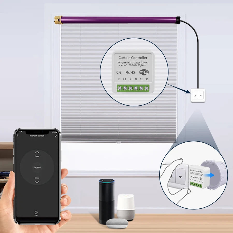 Tuya Smart Wifi Curtain Switch Module Automatic for Roller Blinds Shades Rolling Garage Door Projector Alexa Google AC 100-240V Vue