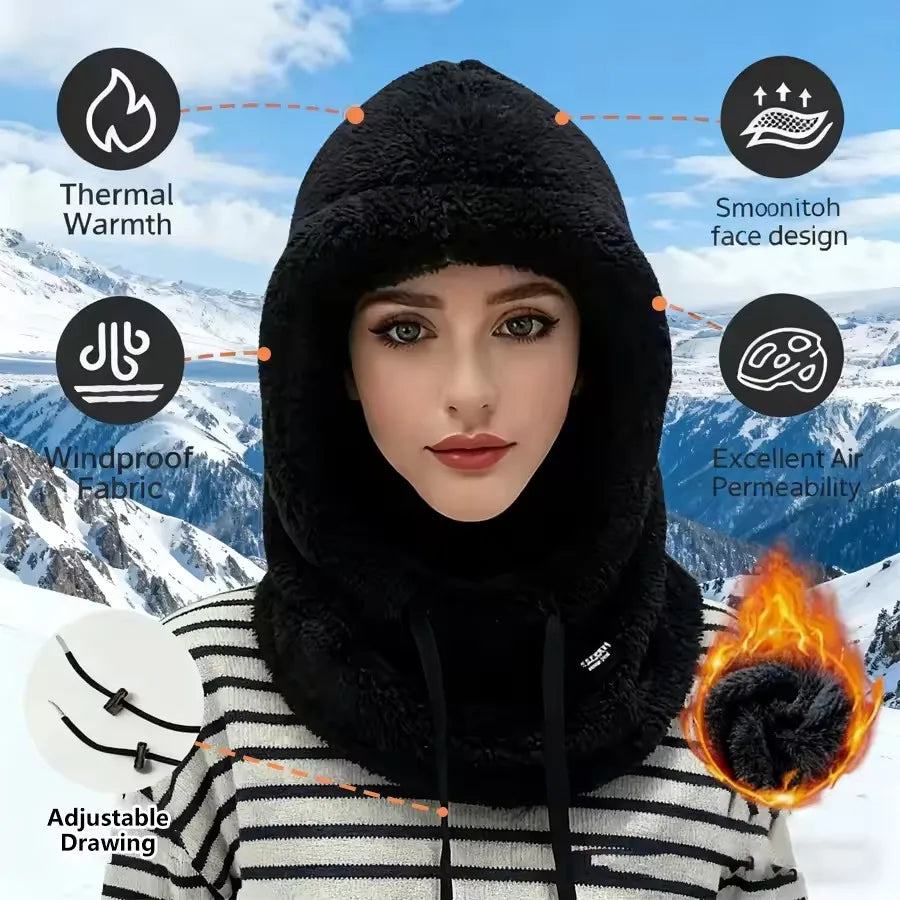Winter Hat Plush Ear Protection Integrated Neck Warmer Thickened Windproof Face Mask for Women Skiing Cycling Outdoor Sports Vue