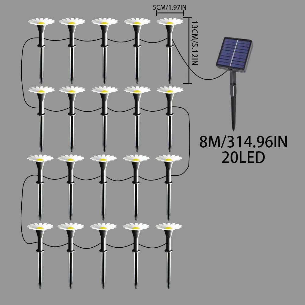 5M10LED/8M20LED Outdoor Solar Daisy String Lights, Waterproof Flower LED Ground Lamps for Courtyard Party Garden Holiday Decor Vue