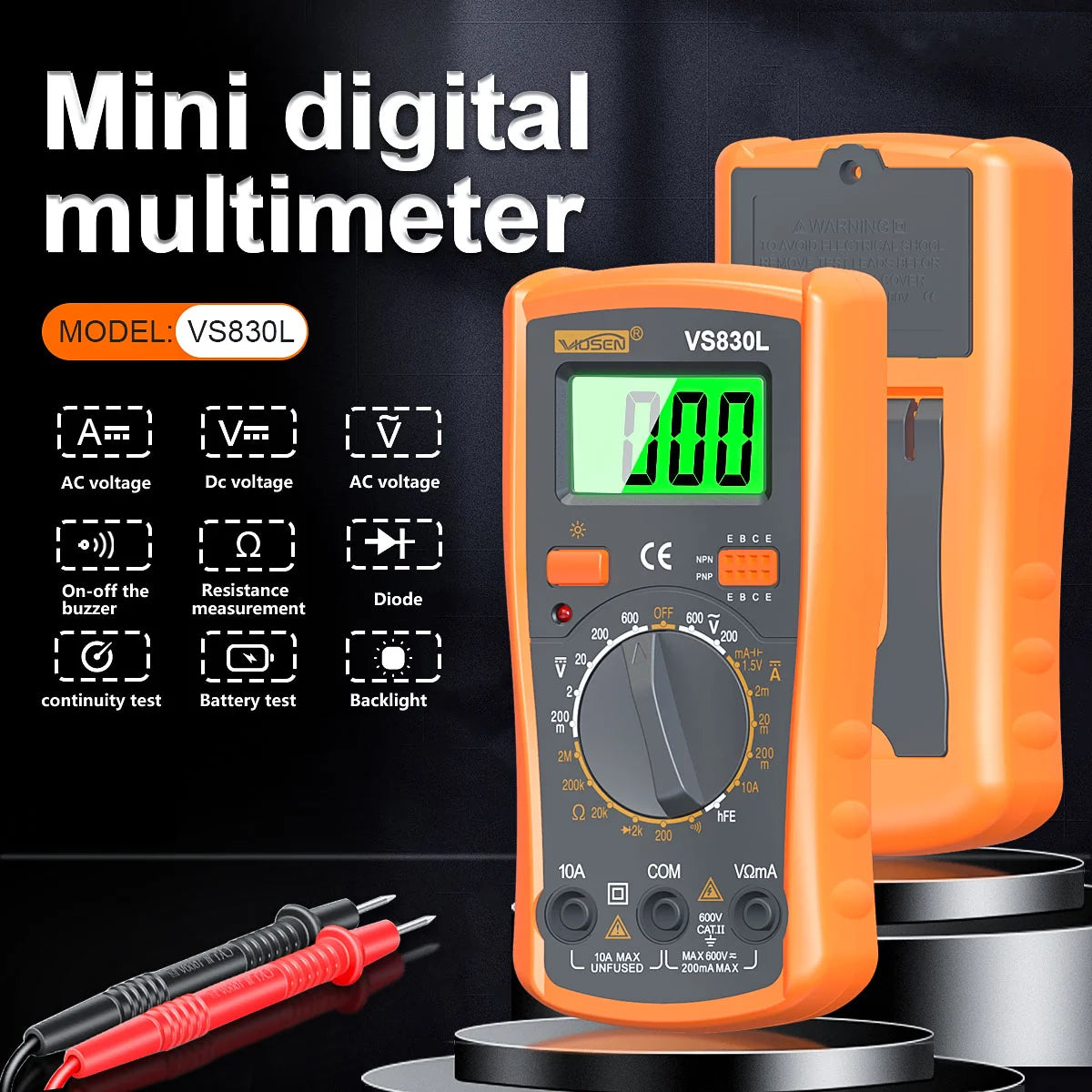 Digital Multimeter Manual Type AC/DC Voltage Current Tester Ohm Ammeter Detector Tool Backlit Screen 1999 Counts with Support Vue