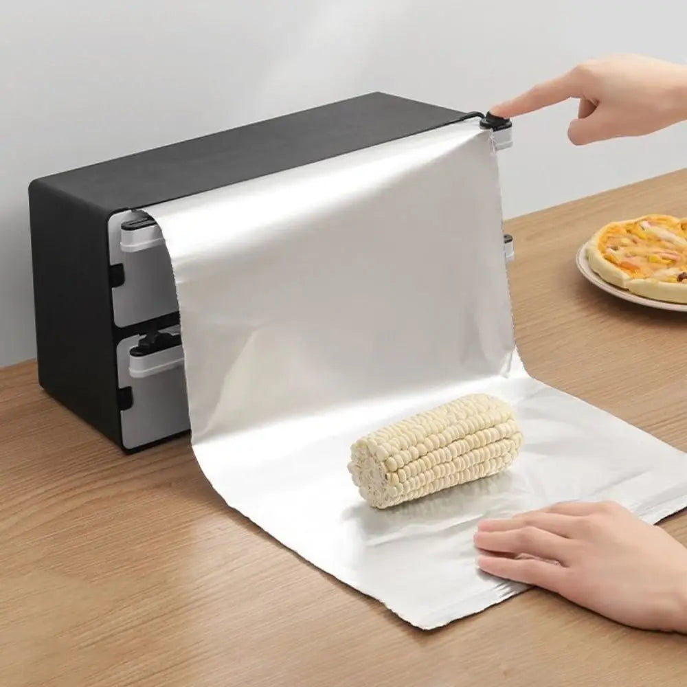 2 in 1 Food Film Dispenser Cutter Plastic Refillable Cling Film Cutter Wrap Organizer Safety Aluminum Foil Cutting Machine Vue