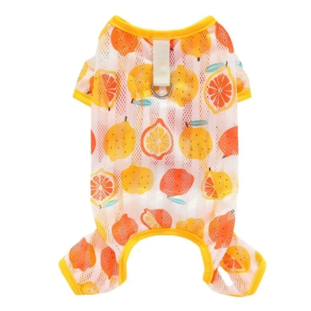 Cute Thin Breathable Pet Cooling Jumpsuit Mesh Fruit Pattern Pet Four Legged Clothes Comfortable Dog Sunscreen Clothing Outdoor Vue