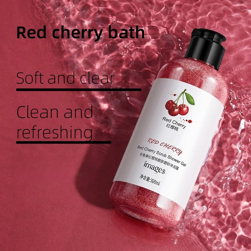 300ml Red Cherry Beauty Scrub Shower Gel, Rich in Cherry Fruit Extract and Other Ingredients, with a Fresh Fruit Aroma, Long-Lasting Fragrance, and Fine Scrub Particles That Effectively Deeply Cleanse the Skin, Leaving It Fee Vue