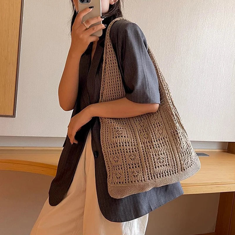 Handwoven Beach Crochet Bag Women Lightweight Knitted Tote Handbag