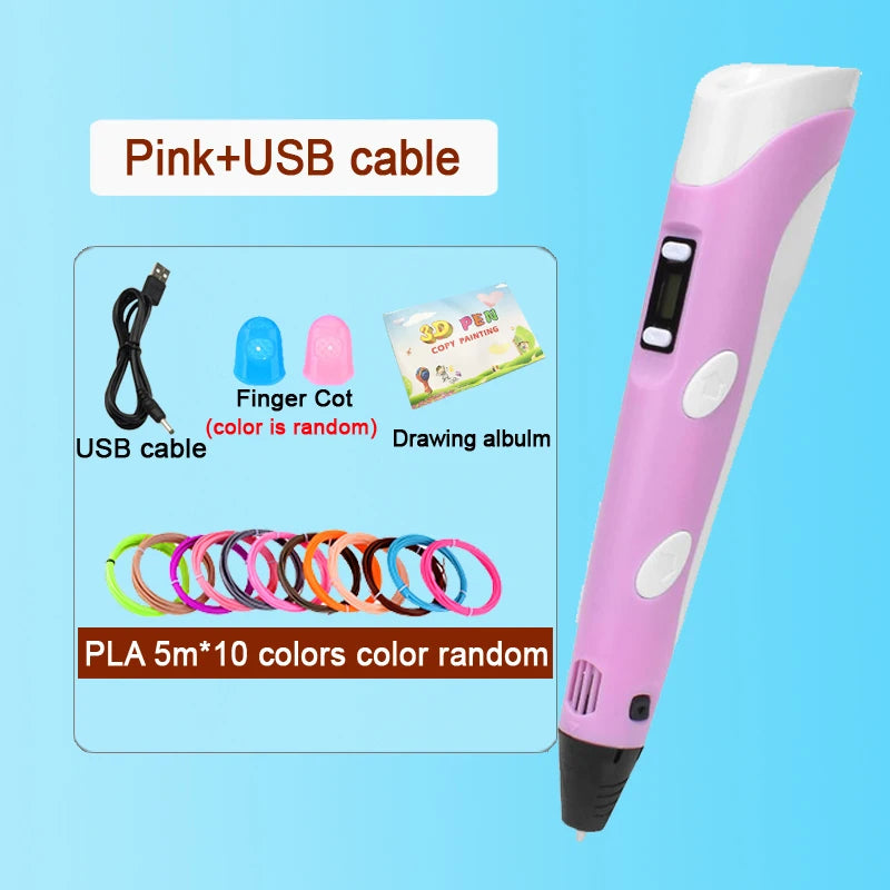 3D Pen Drawing Printing Pen With LCD Screen Compatible PLA Filament Toys Safe Paiting for Children DIY Christmas Birthday Gift Vue Pink-50M PLA