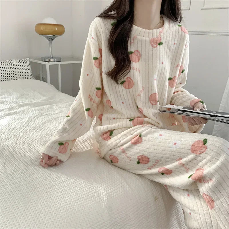 Womens Cozy Coral Fleece Pajama Set with Bear Print Long Sleeve Top and Elastic Waist Pants for Winter Sleep Home Lounging Gift Vue