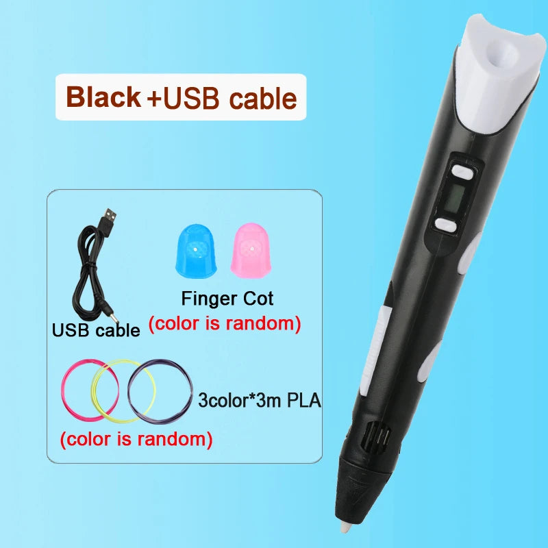 3D Pen Drawing Printing Pen With LCD Screen Compatible PLA Filament Toys Safe Paiting for Children DIY Christmas Birthday Gift Vue Black-9M PLA