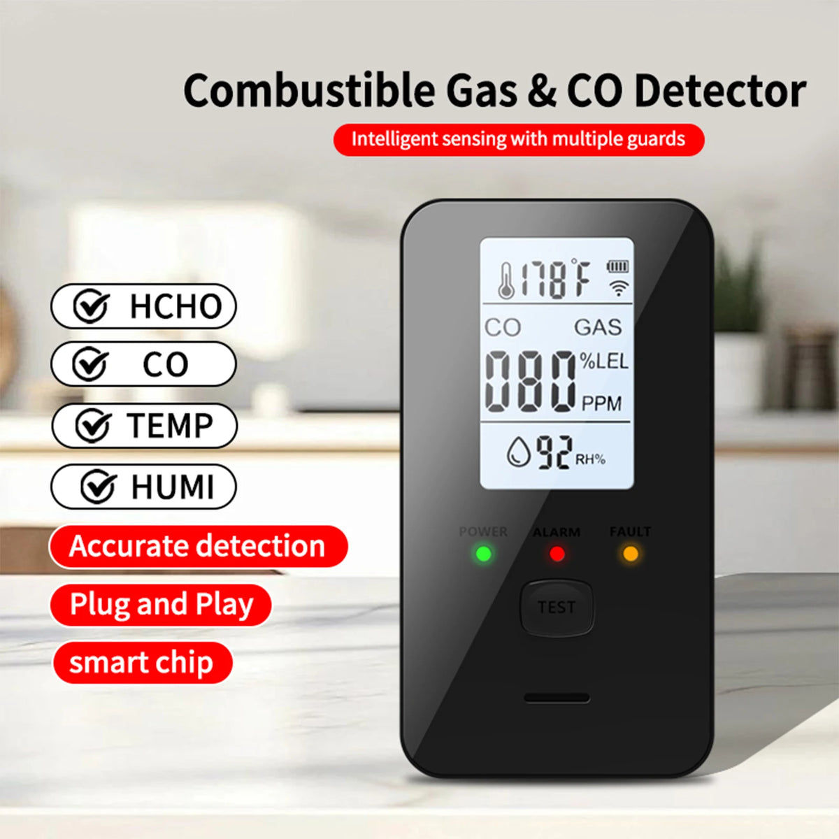 4-in-1 CO2 & Gas Detector with LCD Display | ALLOET Gas & Air Quality Detector Vue