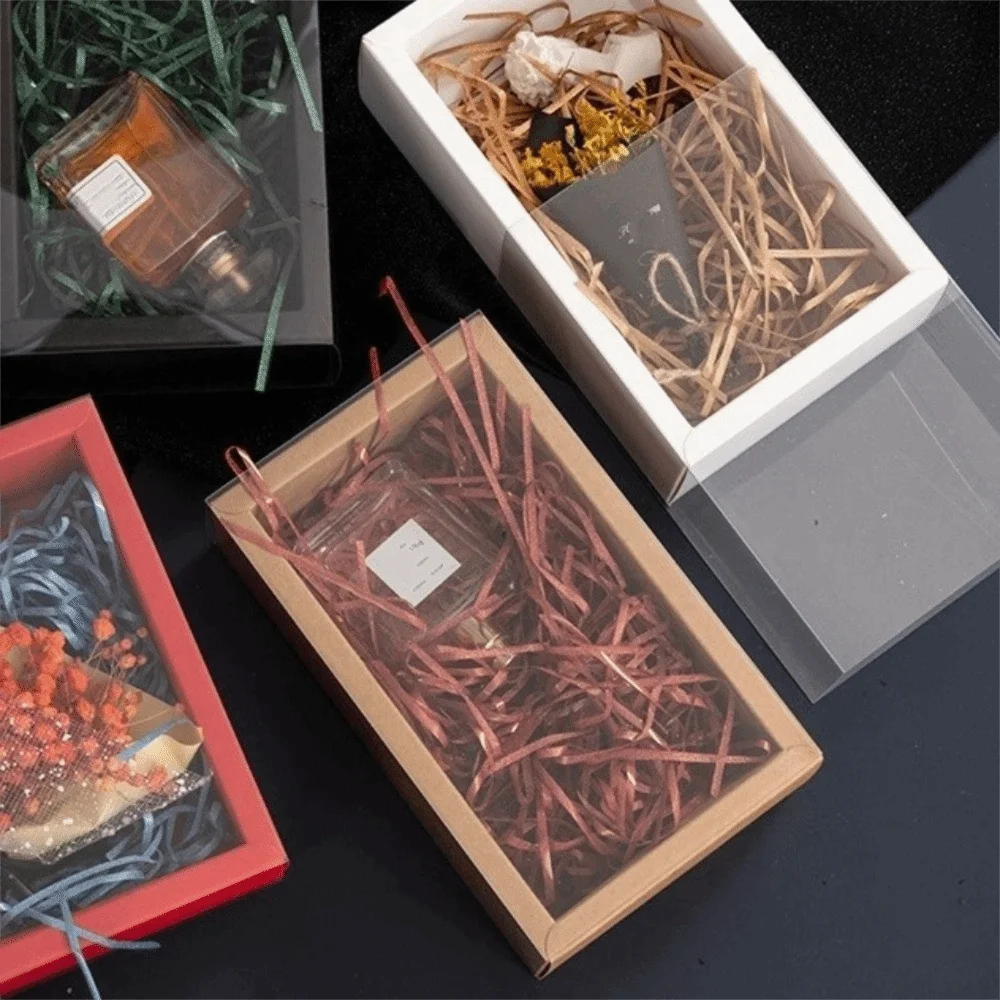 10PCS/SET Clear Window Kraft Gift Box Hardcore Foldable Gift Packaging Box DIY Reusable Drawer Gift Box Festival Present Vue