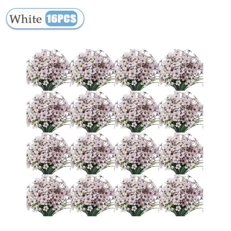 2-16PCS Violet Artificial Flowers Wall Hanging Fake Flower Bouquet Outdoor Home Garden Decoration DIY Wedding Party Home Decor Vue White-16PCS