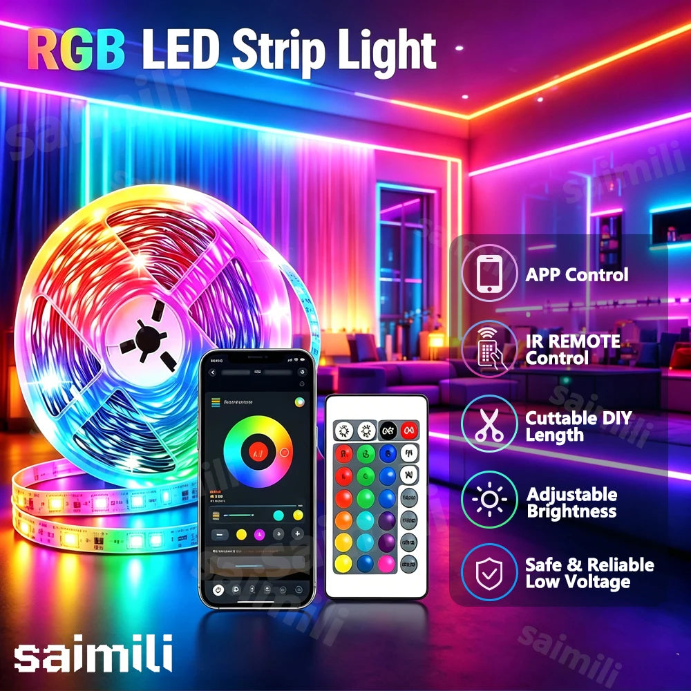 1-15M RGB LED Tape Smart Bluetooth APP Music Sync Color Changing Diode Light for TV Background Gaming Room Holiday Party Decor Vue