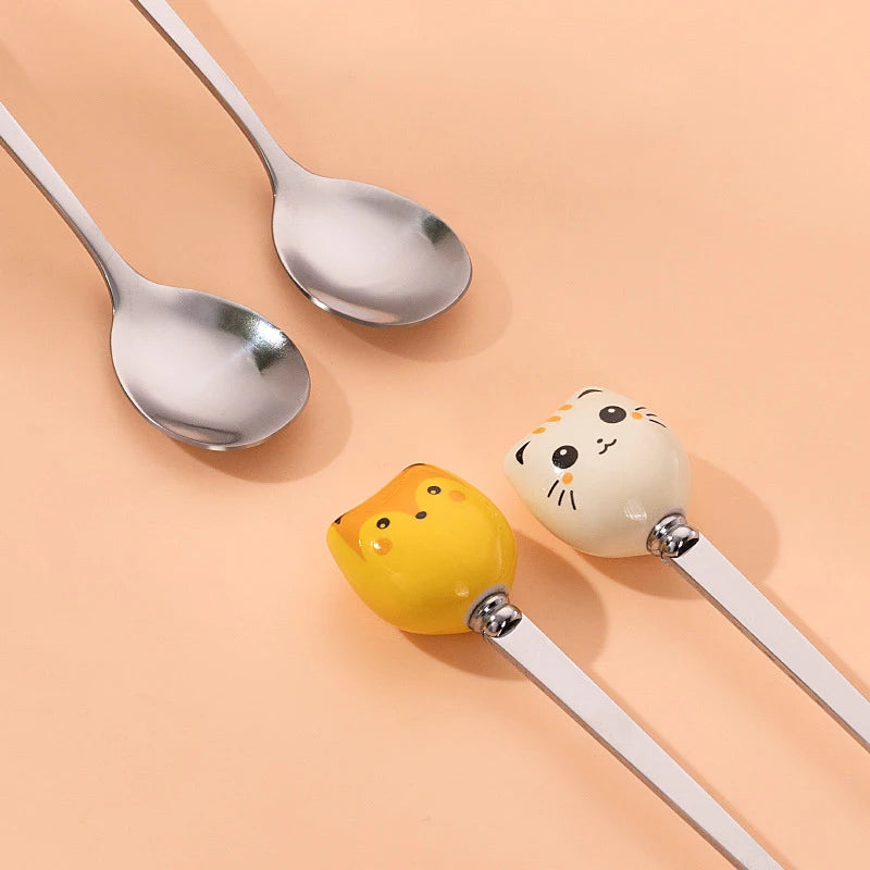 Coffee And Dessert Spoons Flatware Kitchen Tools Ice Cream Cartoon Stirring Spoon Stainless Steel Long Cat Handle Ceramic Spoon Vue