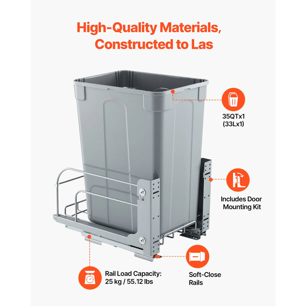 Pull-Out Kitchen Cabinet Trash Can 35QT Soft-Close Sliding System Pull-Out Trash Can Vue