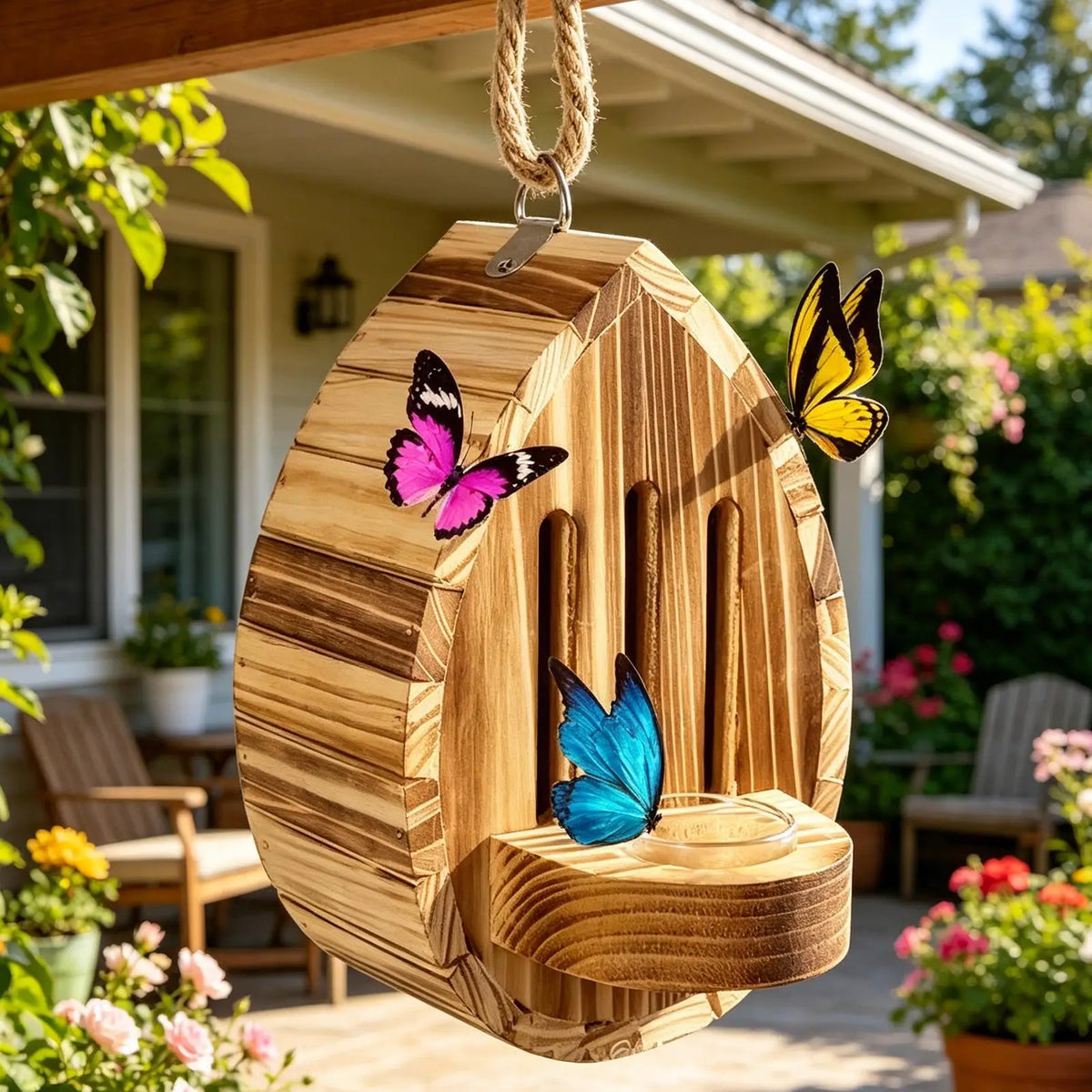 wood Teardrop Butterfly Habitat Shelter, Multifunctional Garden Nesting Box Feeder, Outdoor Hanging House for Yard Grassland Vue