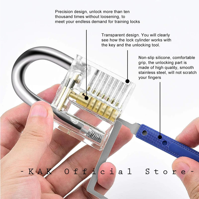 KAK 17pcs Unlocking Lock Pick Set Key Extractor Transparent Practice Padlock Kit Locksmith Training Kit with Transparent Locks Vue
