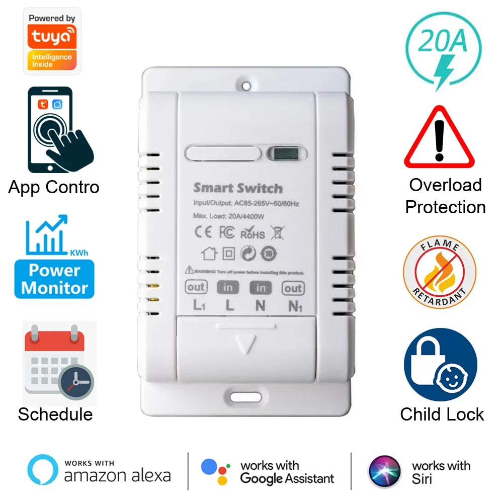 Tuya WiFi 20A Smart Switch Circuit Breaker APP Remote Control Power Monitor Overload Protection Work with Alexa Google Home Vue