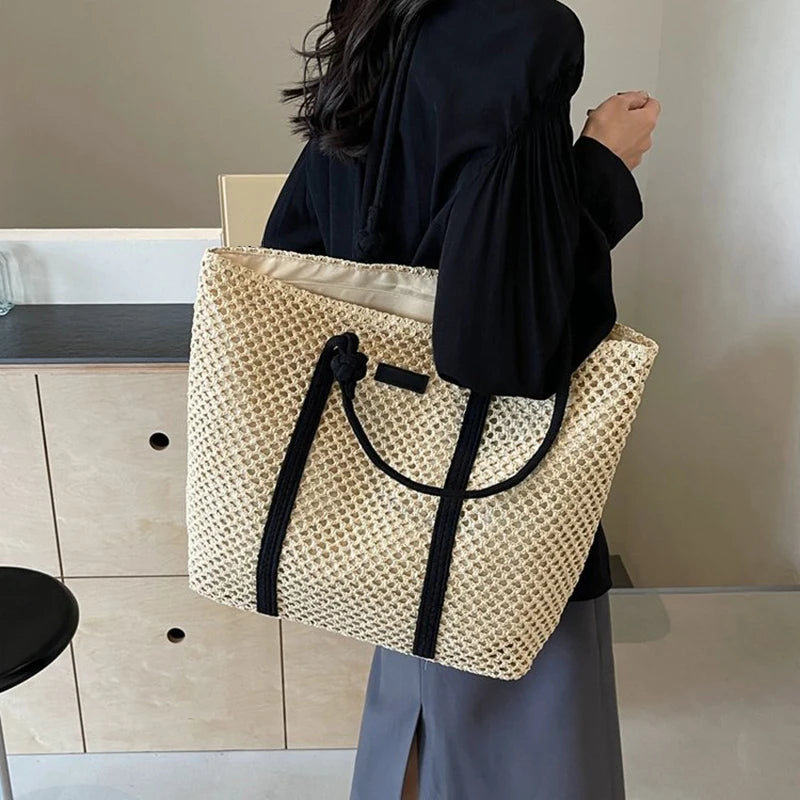 Summer Woven Straw Tote Bag Casual Beach Vacation Women Shoulder Bags