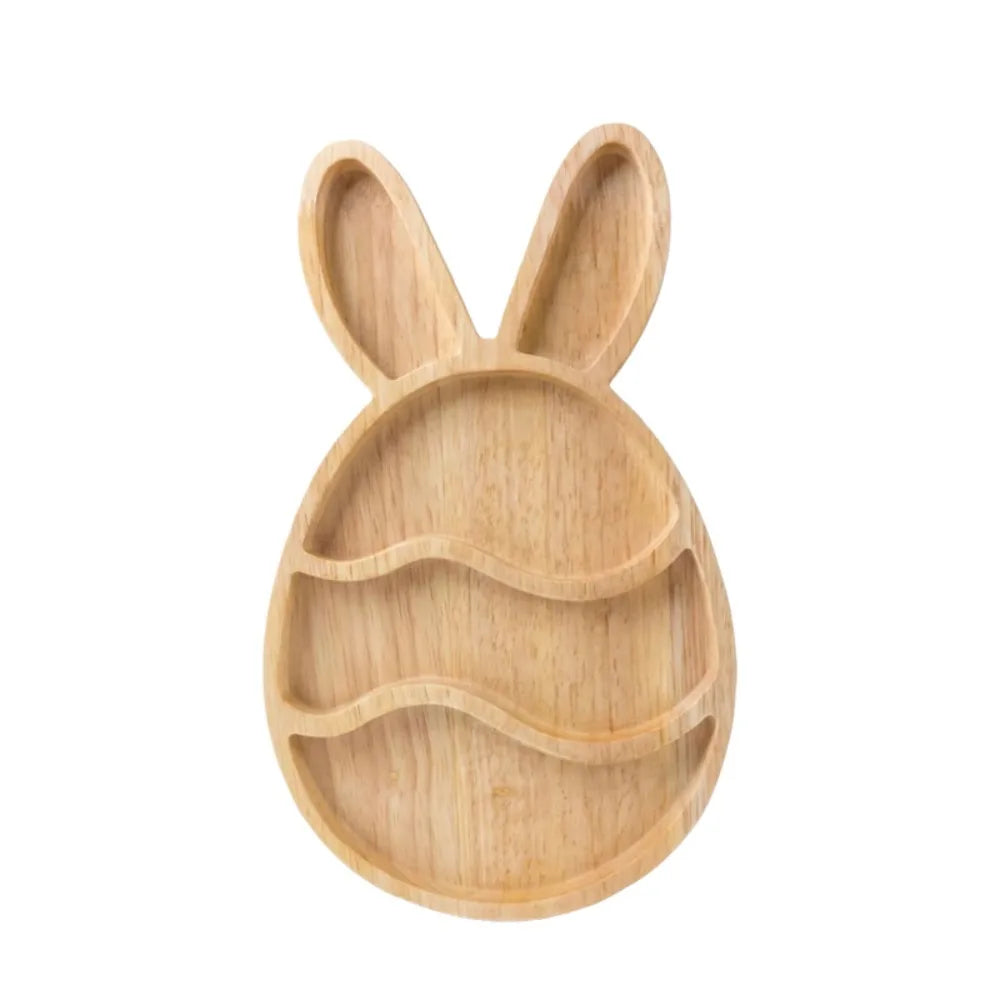 Wooden Easter Egg Shape Tray Cartoon Decorative Bunny Snack Serving Tray with Compartments Durable Food Display Plate Vue Style B