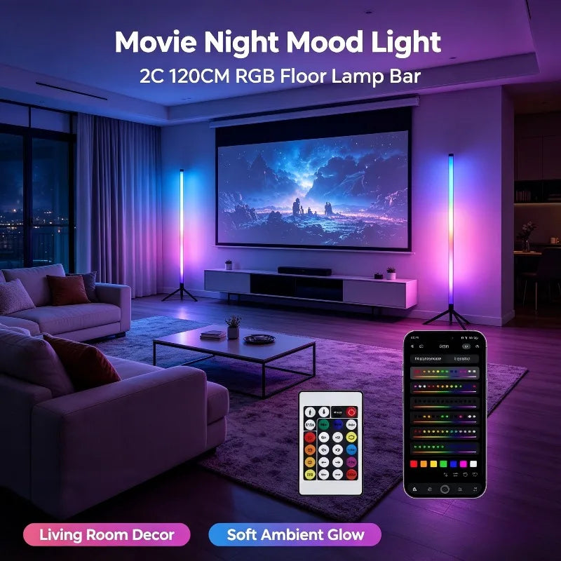 2PCS 120CM RGB Floor Lamp, Sound Reactive LED Corner Light Bar, Ambient Lighting for Gaming Room Bedroom E-Sports Setup Vue