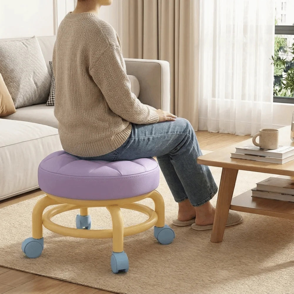Round Shape Sliding Wheel Stool Universal Wheel Contrasting Color Small Stool Solid Frame Padded Seat Shoe Changing Stool Vue