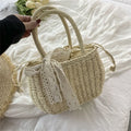 Women Straw Woven Drawstring Handbag Girls Solid Holiday Purse