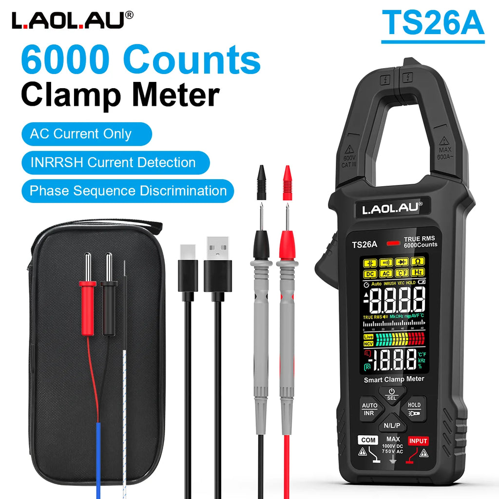 LAOLAU Digital Clamp Multimeter Phase Sequence AUTO Range Color Screen Rechargeable AC/DC Current Electric Tester TS26A TS26D Vue TS26A