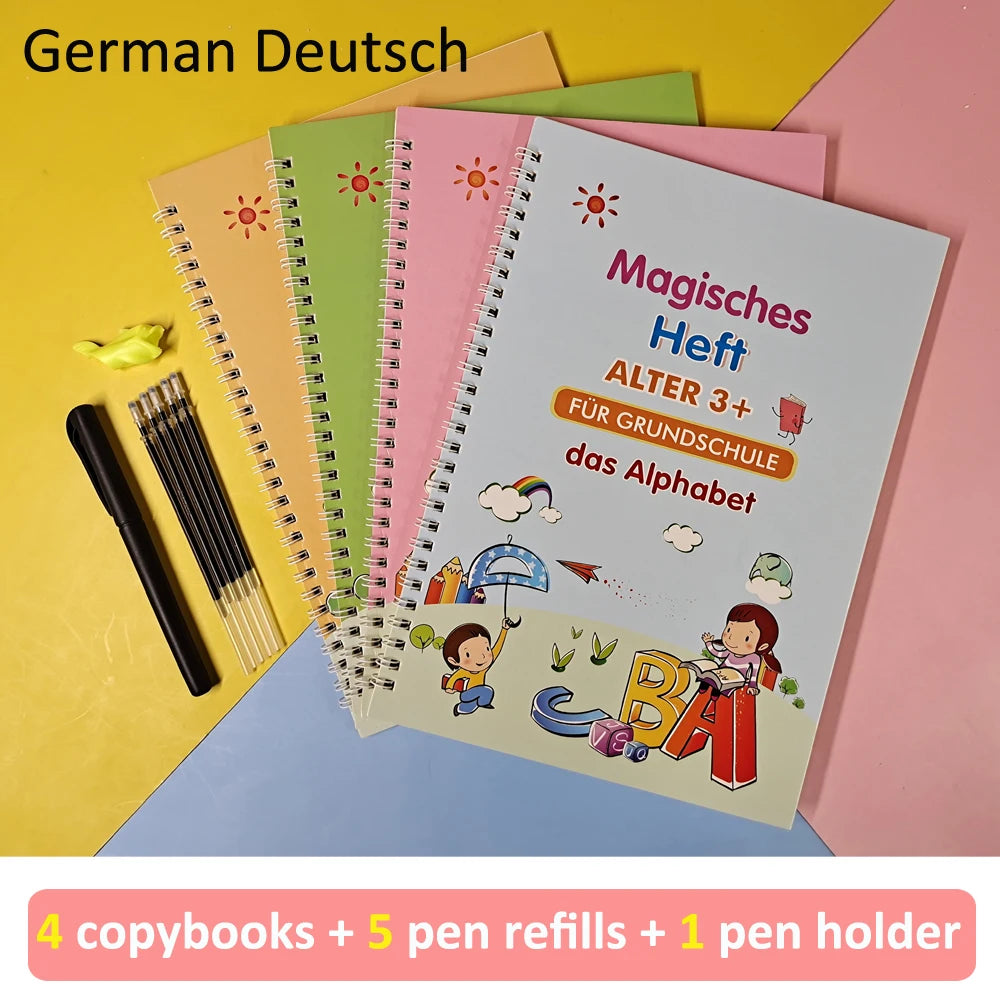 4pcs Reusable Magic Practice Copybook German Kid Grooved Handwriting Tracing Book with Pen Holder Preschool Learning Child Gift Vue 4 books with pen