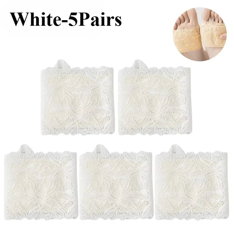 1-10Pairs Women Half Toe Socks Lace Trim No Show Anti Slip for High Heels Pumps Flats Breathable Thin Invisible Summer Vue White-5Pairs One Size