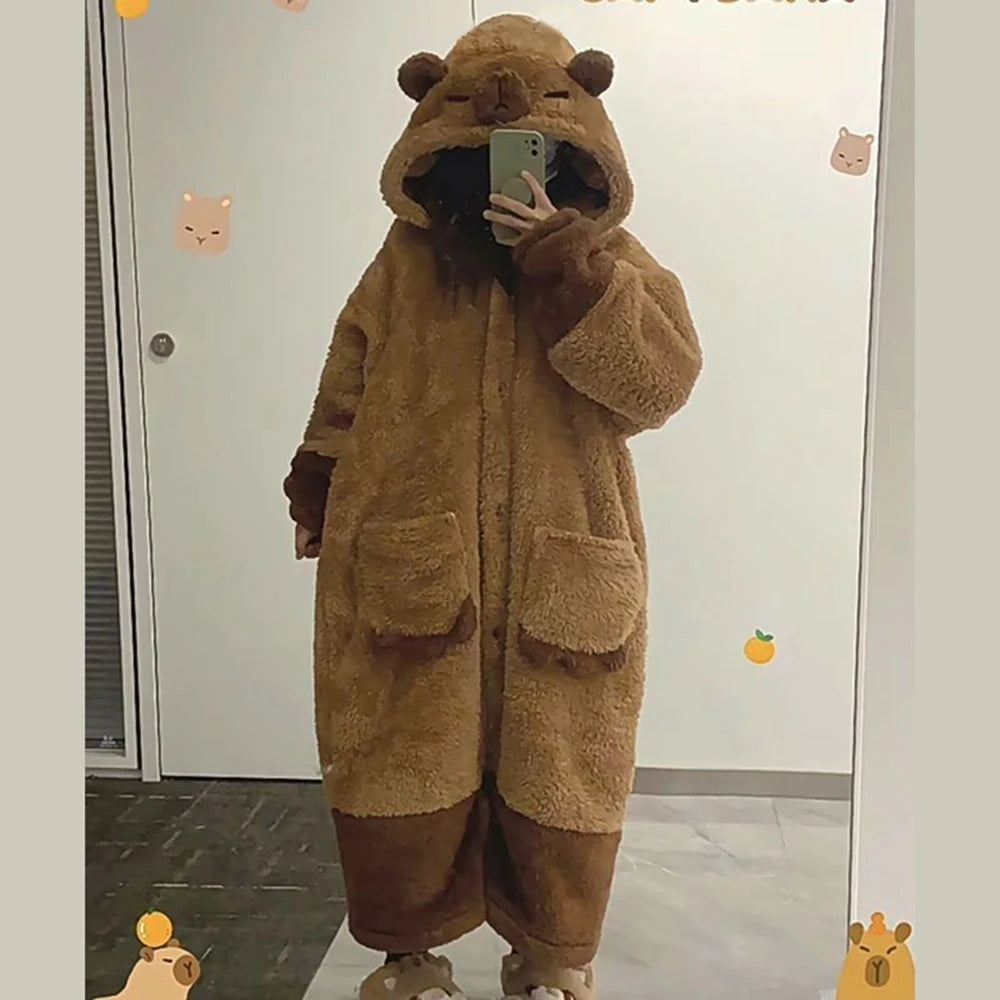 Winter Warm Flannel Nightgown Cute Long Sleeve Fleece Sleeping Dress Coffee Capybara Cosplay Hooded Sleepwear Bathrobe For Women Vue