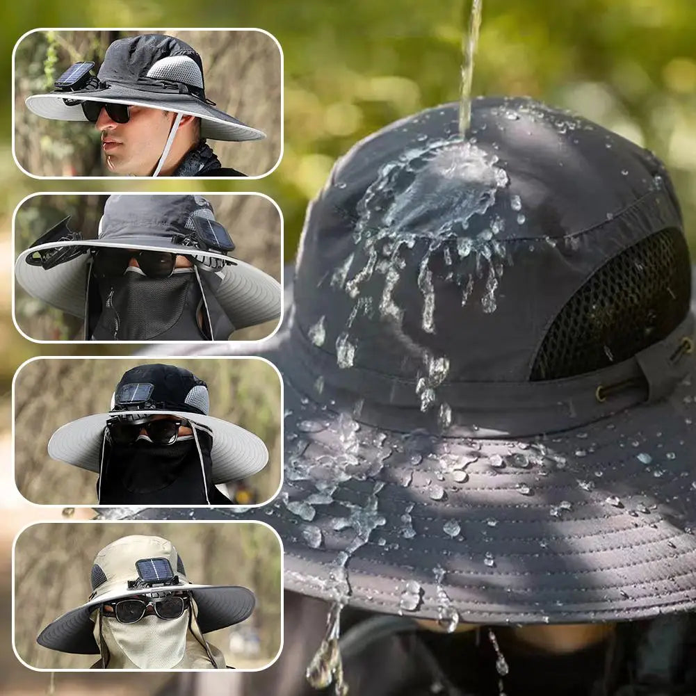 Solar USB Rechargeable Full Face Cover Mute Fan Summer Male Outdoor Fan Hat Big Edge Sun Hat Sunscreen Quick-drying Fishing Hat Vue